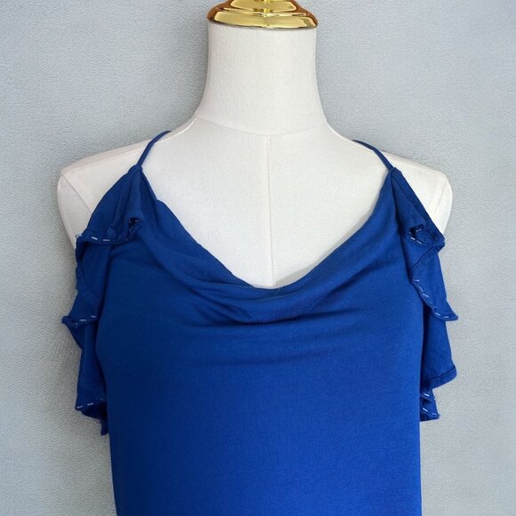 Express Womens Ruffled Halter Top S Blue 100% Lightweight Beaded Summer Party - Picture 3 of 6